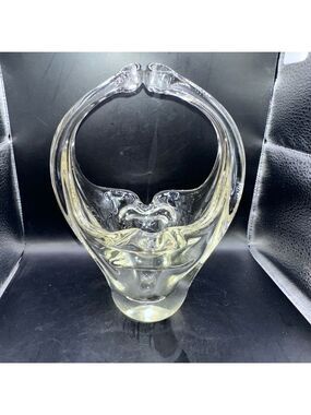 Vintage Murano Art Glass Basket Split Handled Hand Blown Clear Glass Ashtray